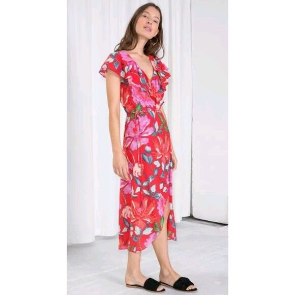 & Other Stories Red Floral Midi Wrap Dress Size US 4 - Picture 2 of 8